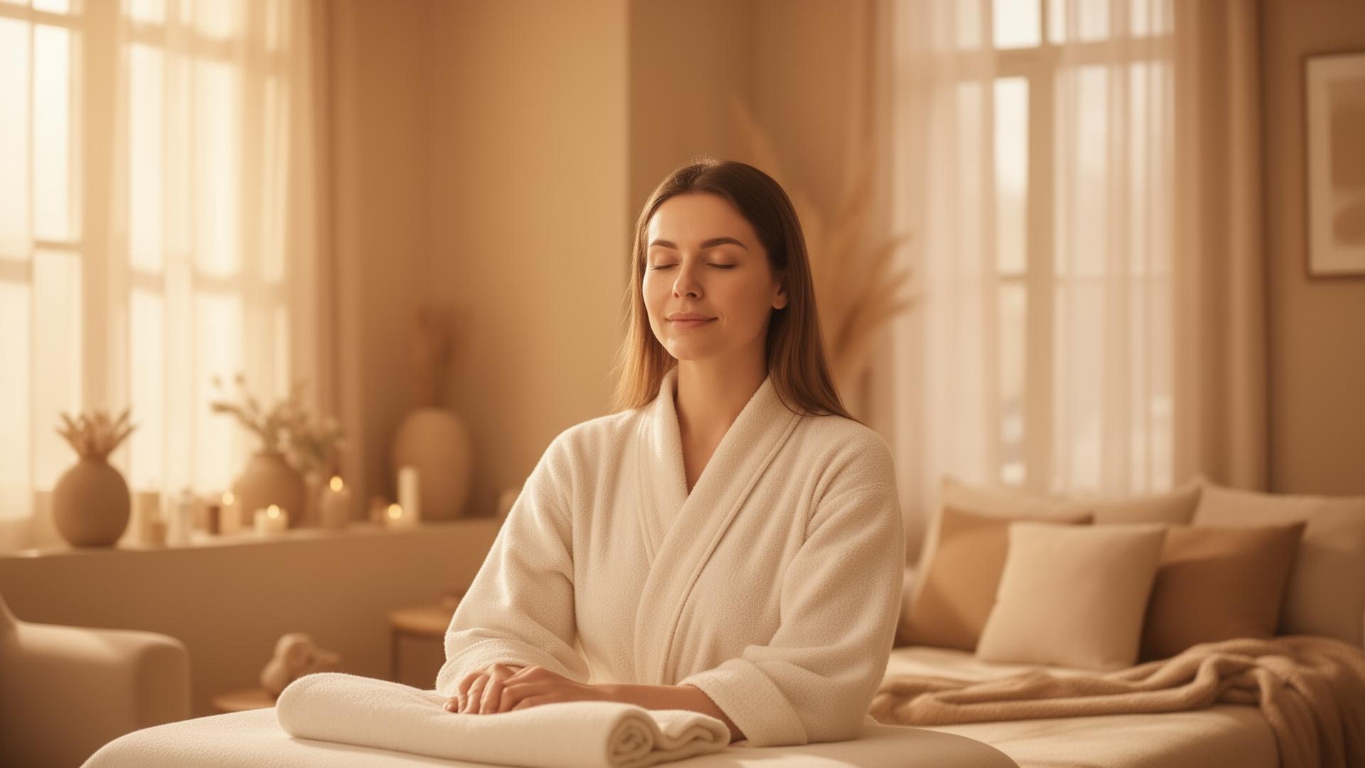 Woman in a white robe in a warm wellness room